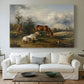 Canvas art print detailing a countryside composition with grazing animals, centered above a sofa as a large focal wall piece