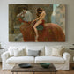 Canvas art print detailing a historical composition with figure and architecture, centered above a sofa as a large focal wall piece