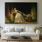 Canvas art print detailing a narrative scene capturing hidden affection, centered above a sofa as a large focal wall piece