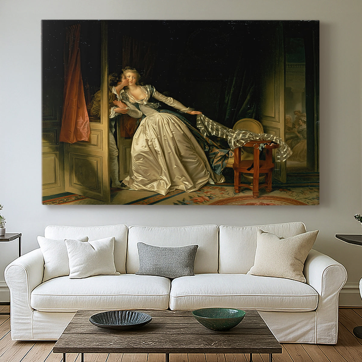 Canvas art print detailing a narrative scene capturing hidden affection, centered above a sofa as a large focal wall piece