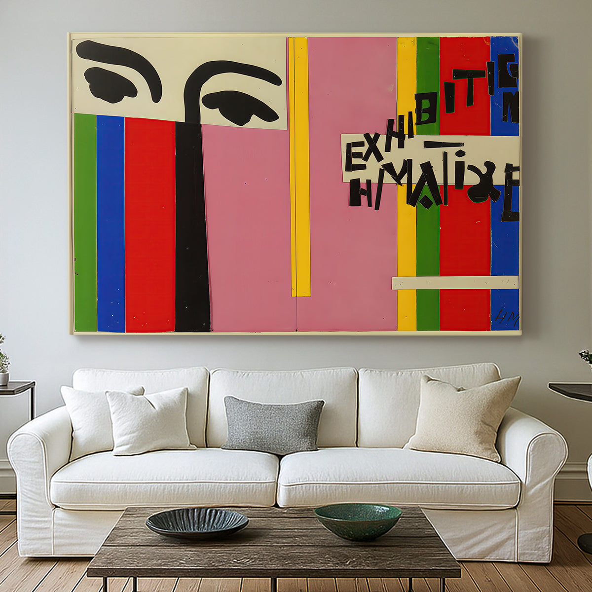 Canvas art print detailing a stylized cover artwork with strong visual contrast, centered above a sofa as a large focal wall piece