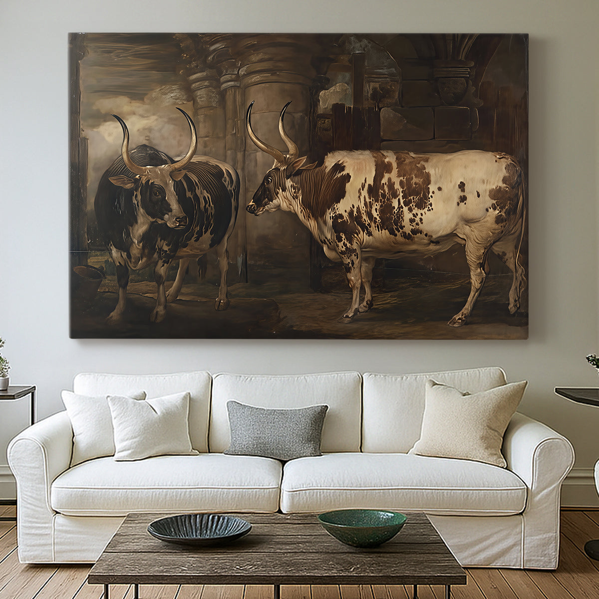 Canvas art print detailing a pastoral scene with two oxen in field, centered above a sofa as a large focal wall piece