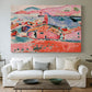 Canvas art print detailing a stylized coastal settlement with architecture and water, centered above a sofa as a large focal wall piece