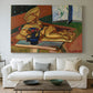 Canvas art print detailing an expressive still life with sculpture and ceramics, centered above a sofa as a large focal wall piece