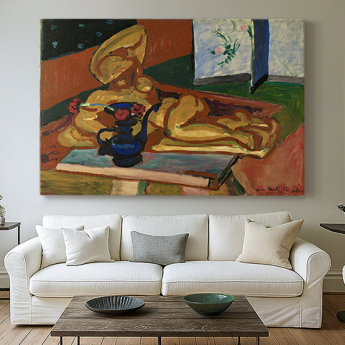 Canvas art print detailing an expressive still life with sculpture and ceramics, centered above a sofa as a large focal wall piece