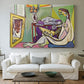 Canvas art print detailing a stylized human figure with layers, centered above a sofa as a large focal wall piece
