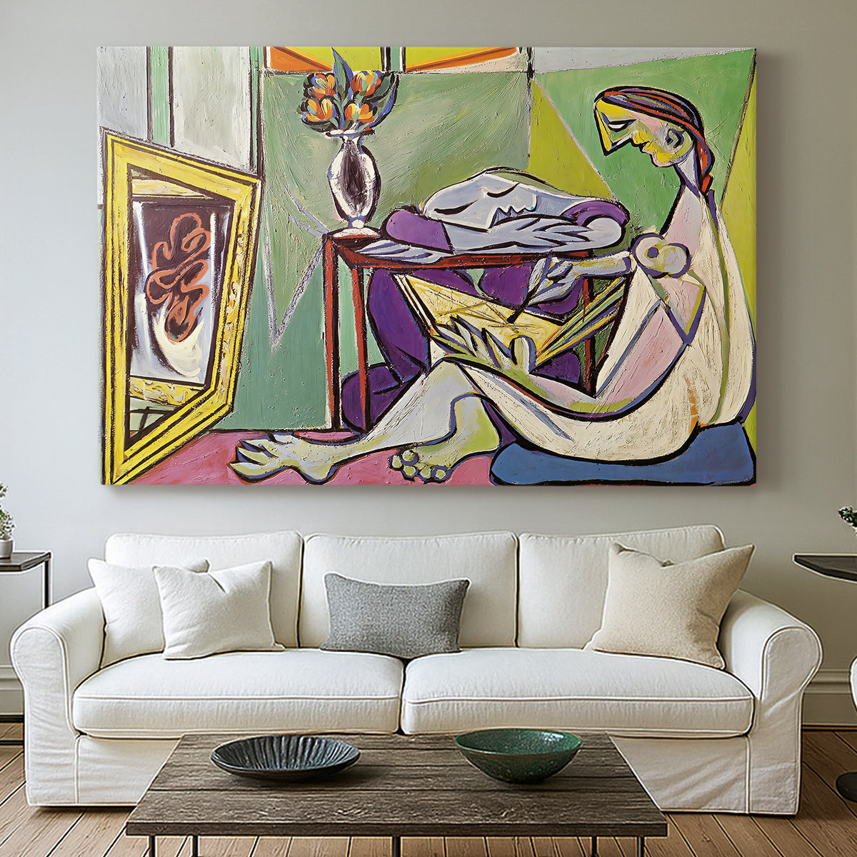 Canvas art print detailing a stylized human figure with layers, centered above a sofa as a large focal wall piece