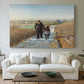 Canvas art print detailing a peaceful rural setting with elderly man and child, centered above a sofa as a large focal wall piece