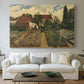 Canvas art print detailing a floral landscape with organized garden elements, centered above a sofa as a large focal wall piece
