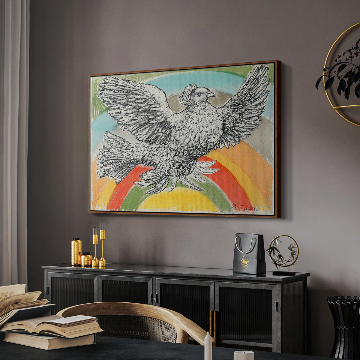 Flying Dove with Rainbow (Colombe volant à l'Arc-en-ciel), 1952 - Floater Framed Canvas Print