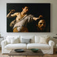 Canvas art print detailing an intense religious scene with figure emerging from darkness holding trophy, centered above a sofa as a large focal wall piece