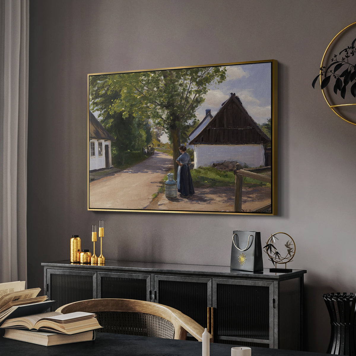 Danish Village Street with Woman and Milkman, 1880 - Floater Framed Canvas Print