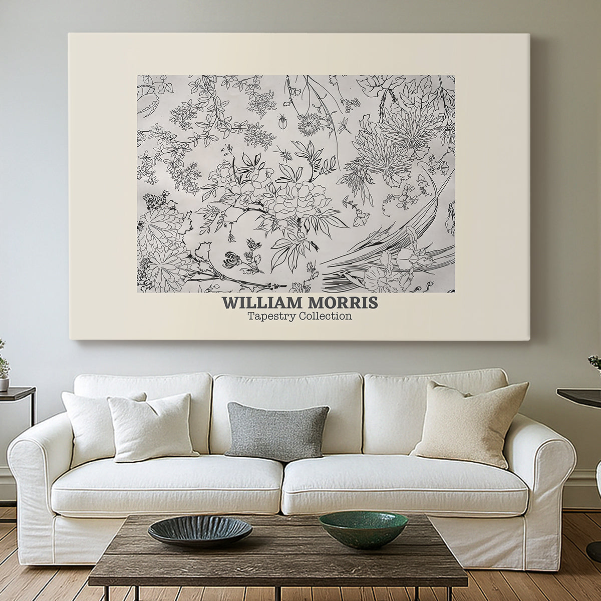 Canvas art print detailing a textile-style floral composition with repeating motifs, centered above a sofa as a large focal wall piece