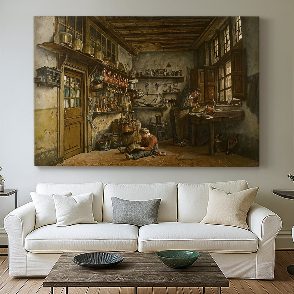 Canvas art print detailing a detailed depiction of artisan in traditional workspace, centered above a sofa as a large focal wall piece