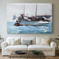 Canvas art print detailing a working vessel scene with people balancing on moving water, centered above a sofa as a large focal wall piece