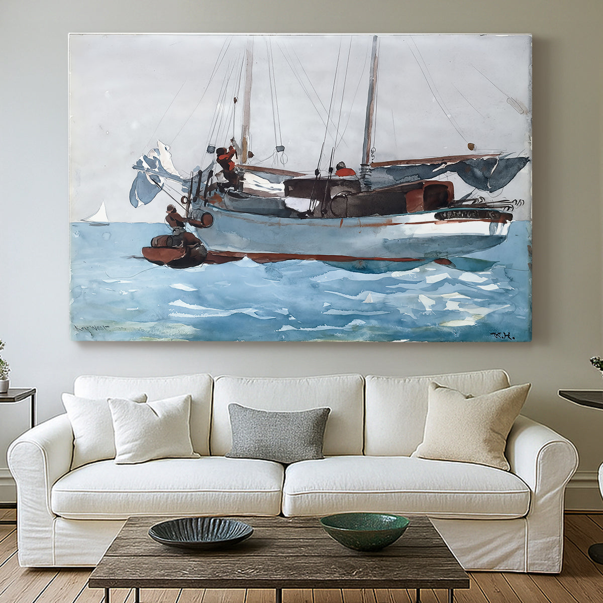 Canvas art print detailing a working vessel scene with people balancing on moving water, centered above a sofa as a large focal wall piece