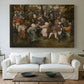 Canvas art print detailing a traditional wedding celebration scene, centered above a sofa as a large focal wall piece