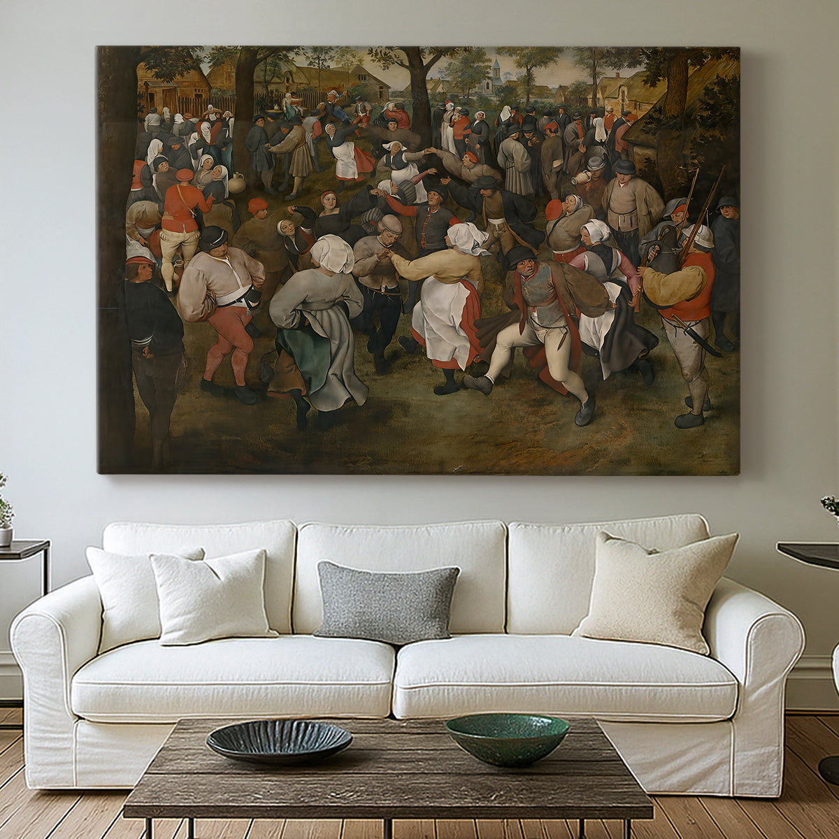 Canvas art print detailing a traditional wedding celebration scene, centered above a sofa as a large focal wall piece