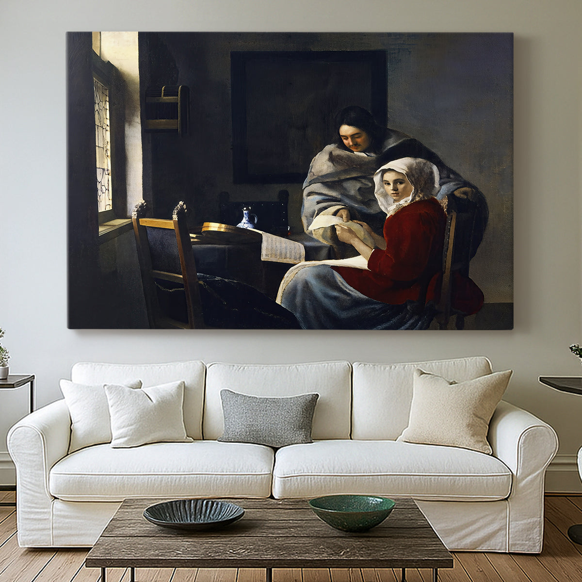 Canvas art print detailing an intimate moment of figure turning away, centered above a sofa as a large focal wall piece