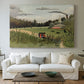 Canvas art print detailing an urban work environment with figures and factory, centered above a sofa as a large focal wall piece