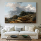 Canvas art print detailing a rural composition featuring water, figures, and animals, centered above a sofa as a large focal wall piece