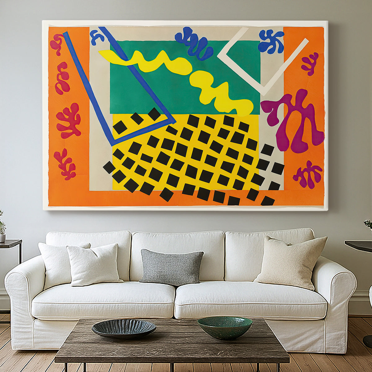 Canvas art print detailing a stylized cut-out design with flowing organic shapes, centered above a sofa as a large focal wall piece