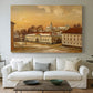 Canvas art print detailing a detailed depiction of historic site with figures in motion, centered above a sofa as a large focal wall piece