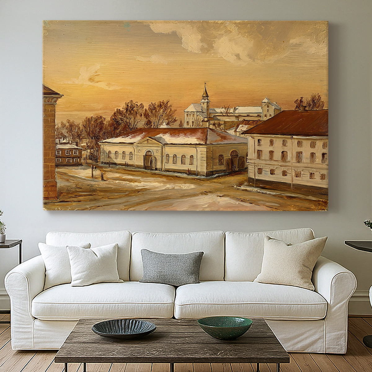Canvas art print detailing a detailed depiction of historic site with figures in motion, centered above a sofa as a large focal wall piece