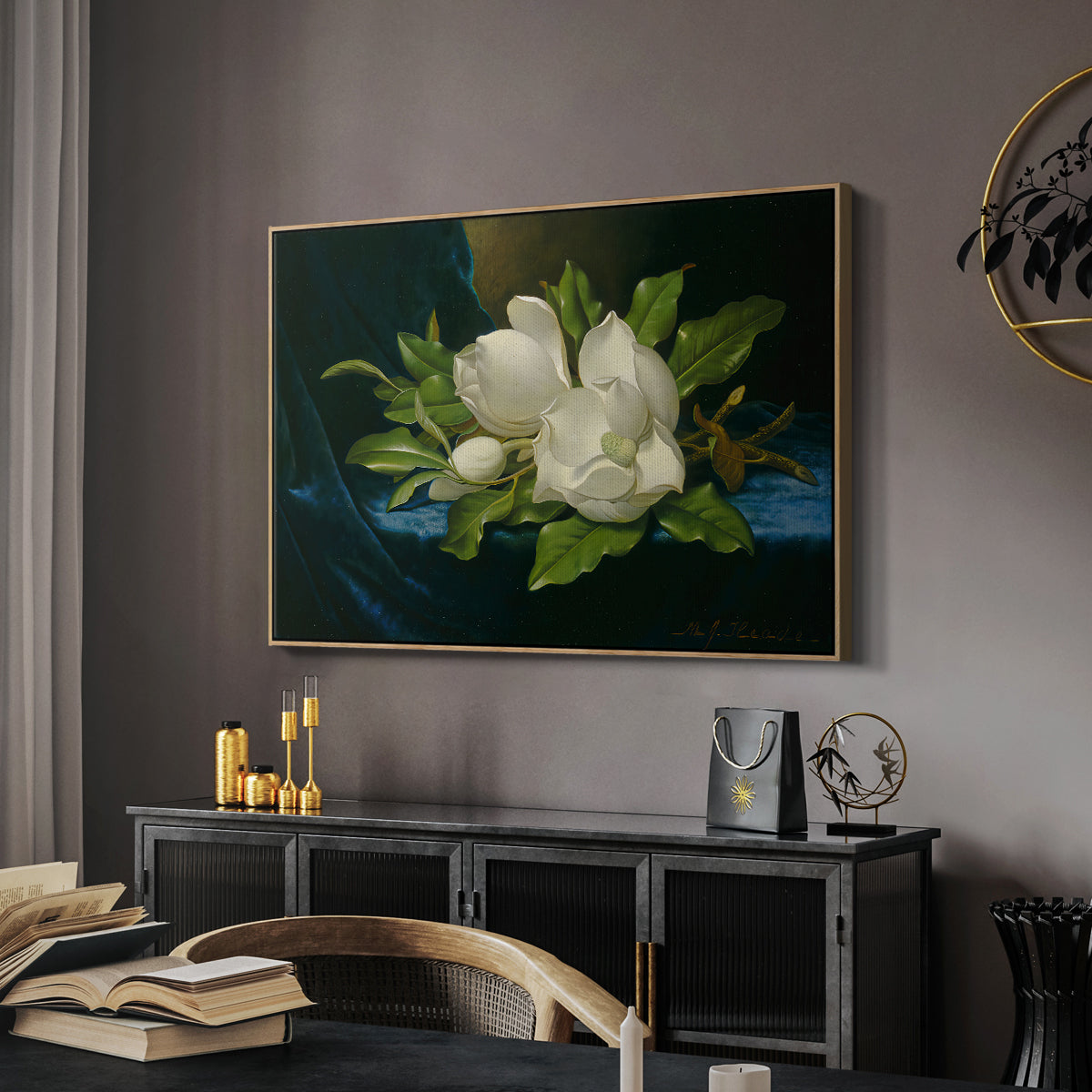 Giant Magnolias on a Blue Velvet Cloth, c. 1890 - Floater Framed Canvas Print