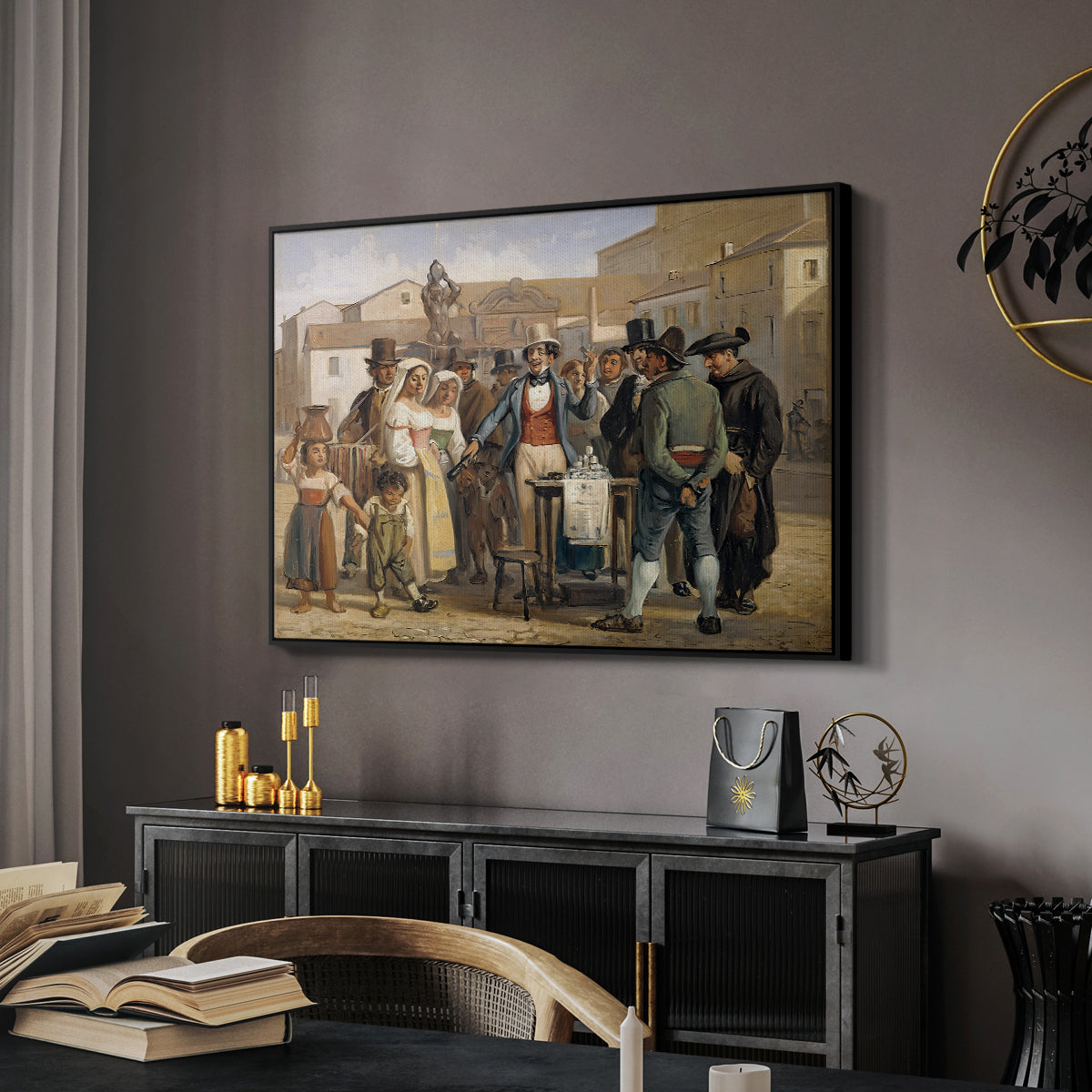 A Charlatan Selling Blacking in the Piazza Barberini in Rome, c. 1840-1849 - Floater Framed Canvas Print