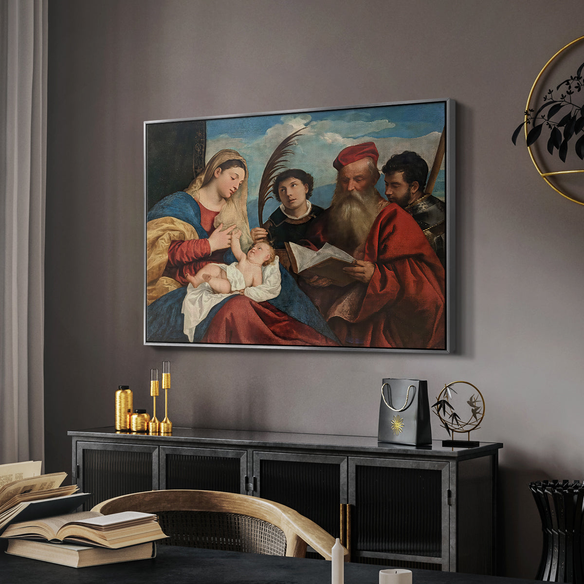 Mary and Child with Saints Stephen, Jerome and Maurice, c. 1510 - Floater Framed Canvas Print