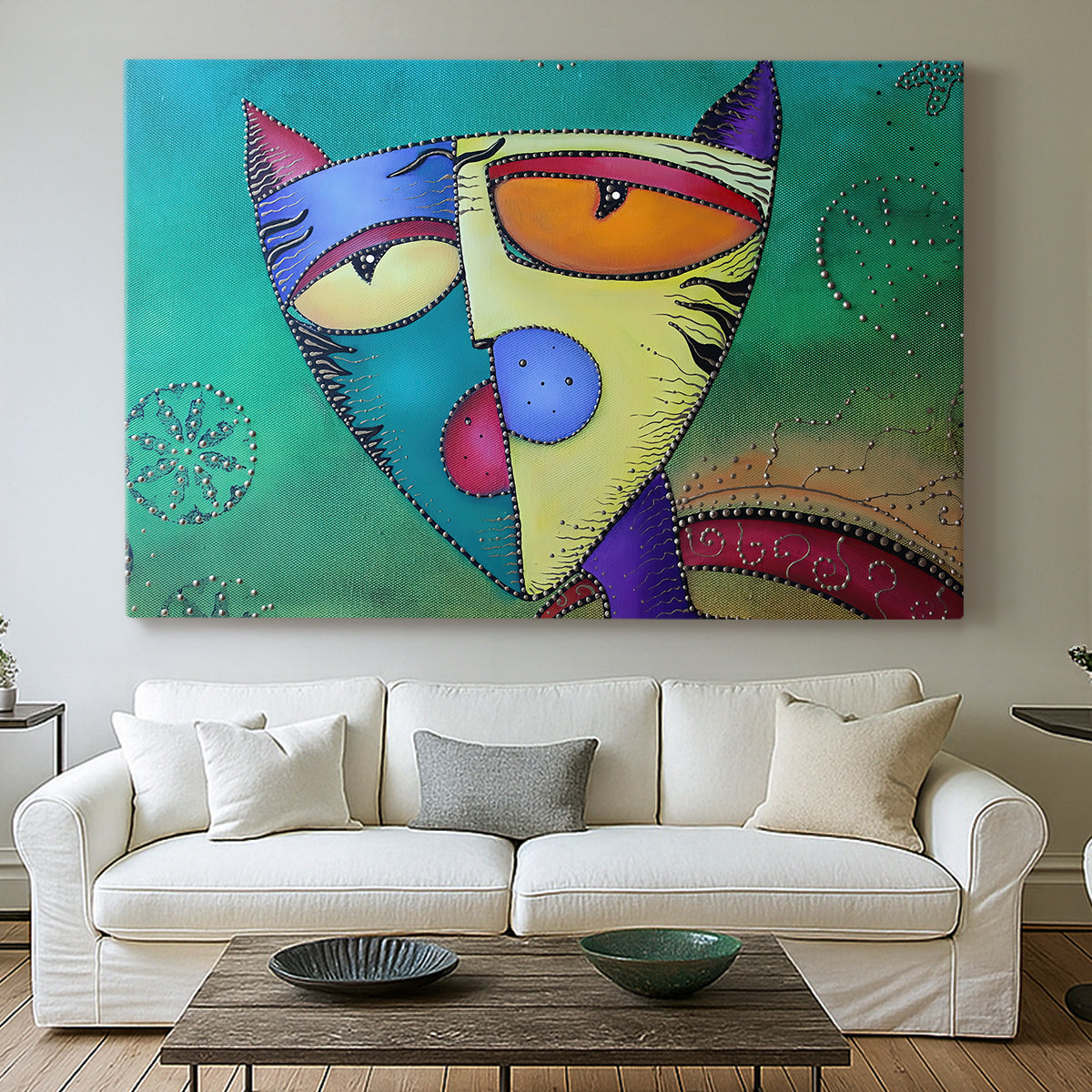 Canvas art print detailing a stylized cat with symmetry, centered above a sofa as a large focal wall piece