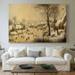Canvas art print detailing a traditional winter activity scene, centered above a sofa as a large focal wall piece