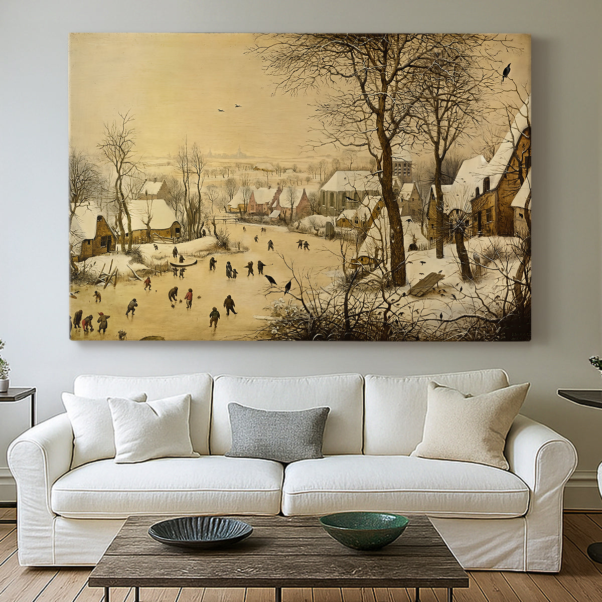 Canvas art print detailing a traditional winter activity scene, centered above a sofa as a large focal wall piece