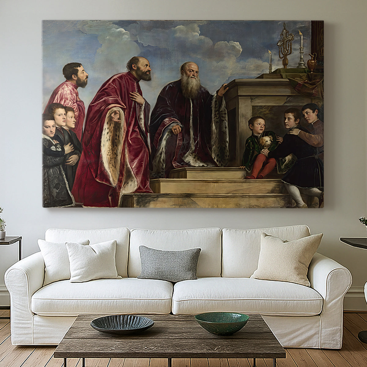 Canvas art print detailing a group scene with richly dressed figures honoring holy relic, centered above a sofa as a large focal wall piece