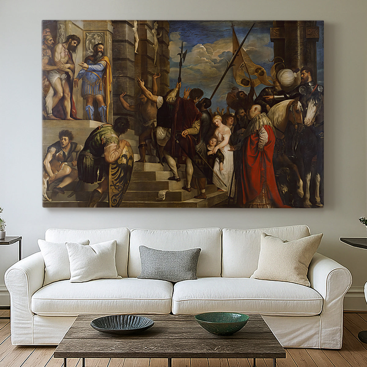Canvas art print detailing a densely populated biblical scene with strong vertical structure, centered above a sofa as a large focal wall piece