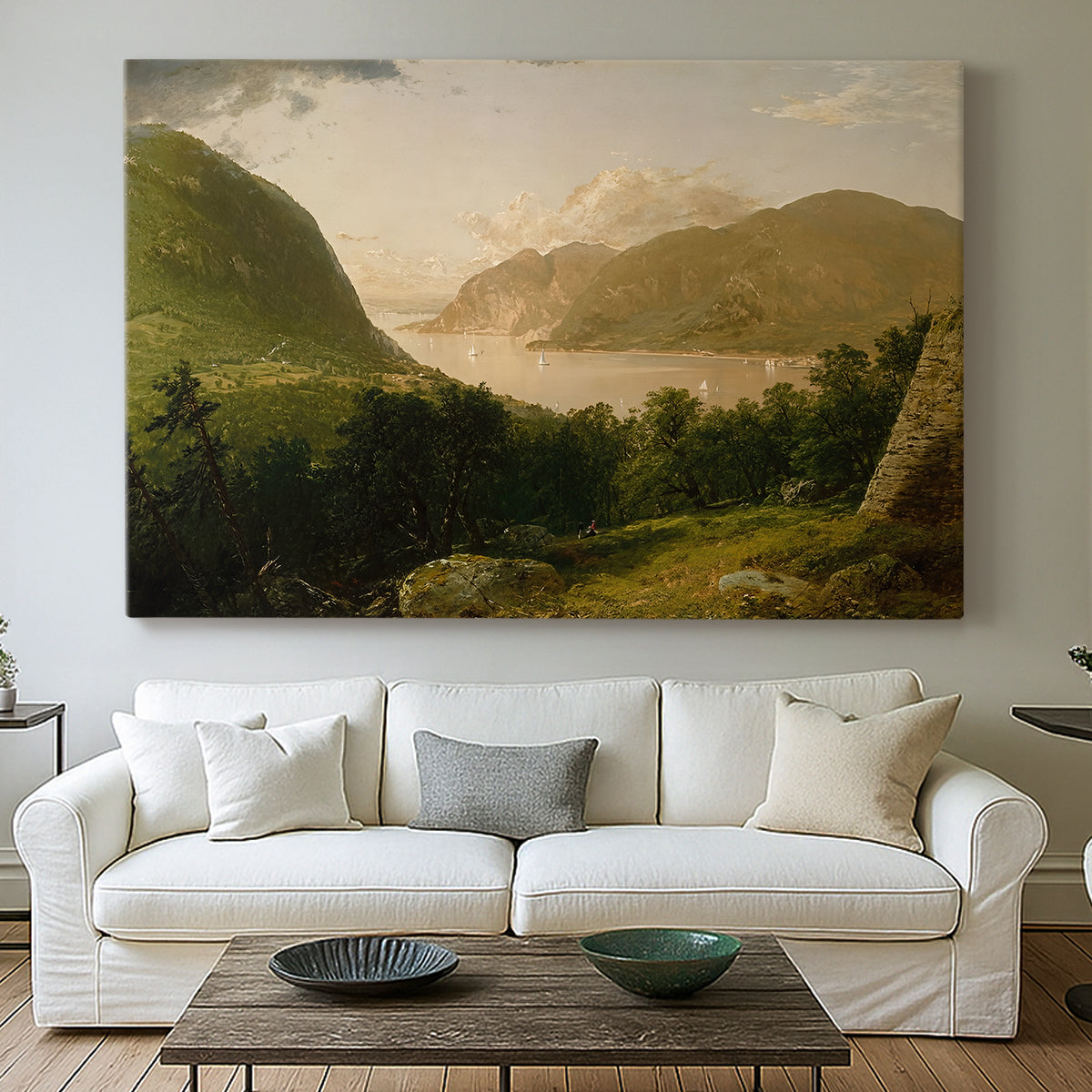 Canvas art print detailing an atmospheric scene emphasizing light and stillness, centered above a sofa as a large focal wall piece