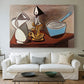 Canvas art print detailing a stylized composition emphasizing placement, centered above a sofa as a large focal wall piece