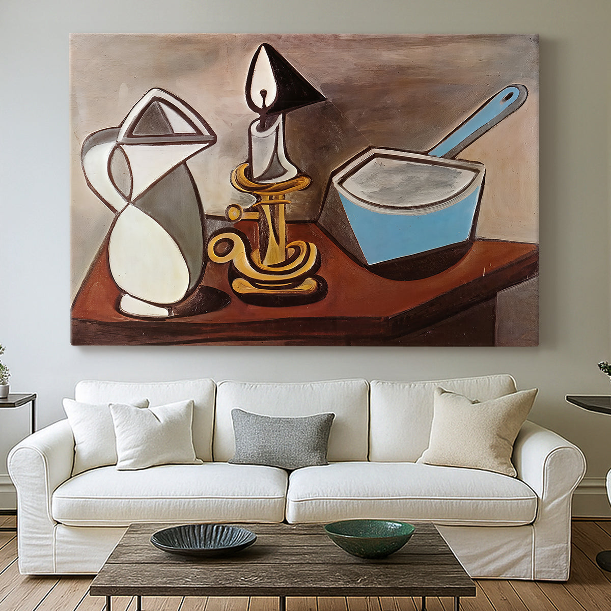 Canvas art print detailing a stylized composition emphasizing placement, centered above a sofa as a large focal wall piece