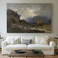Canvas art print detailing a Nordic coastal scene with waves and distant vessels, centered above a sofa as a large focal wall piece