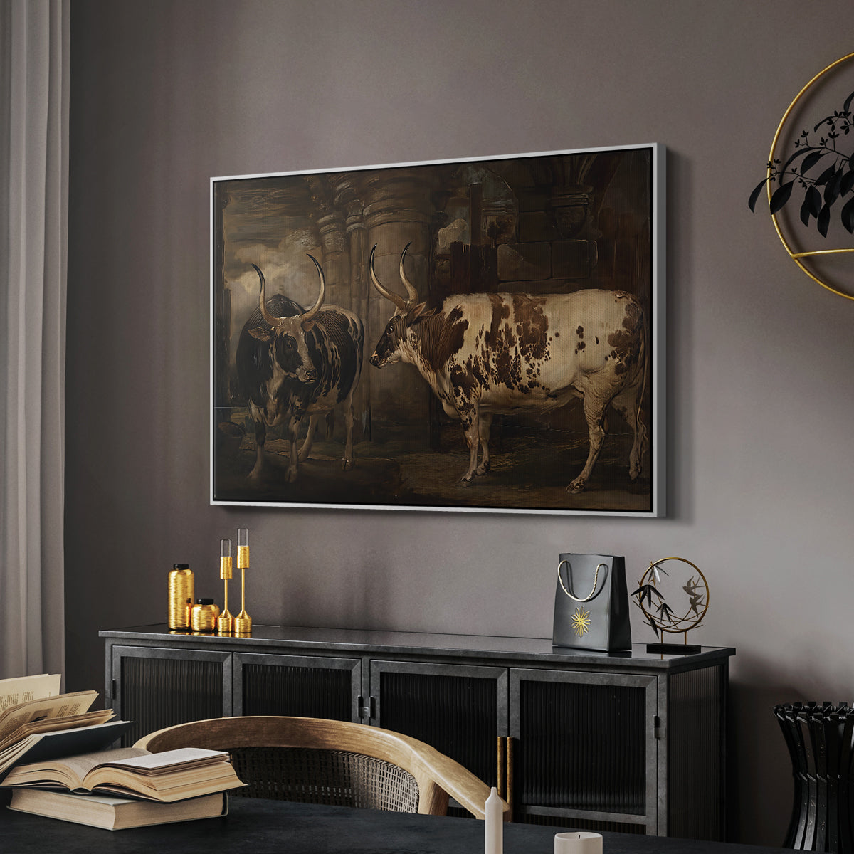 Portraits of Two Extraordinary Oxen, Property of the Earl of Powis, 1814 - Floater Framed Canvas Print