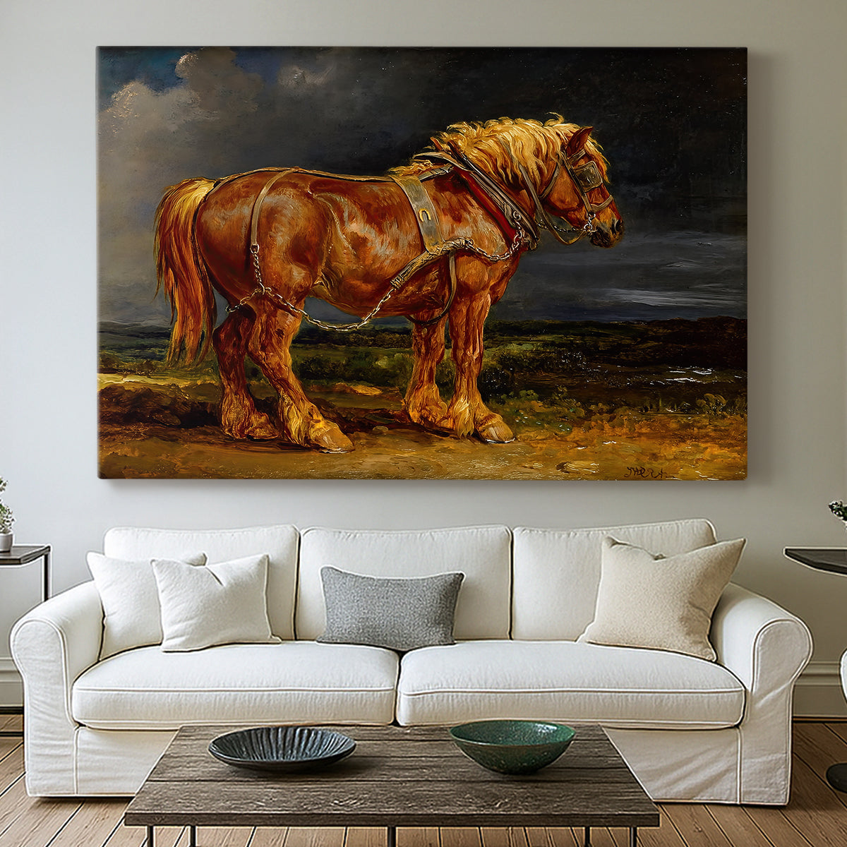 Canvas art print detailing an animal study of horse in broad rural setting, centered above a sofa as a large focal wall piece