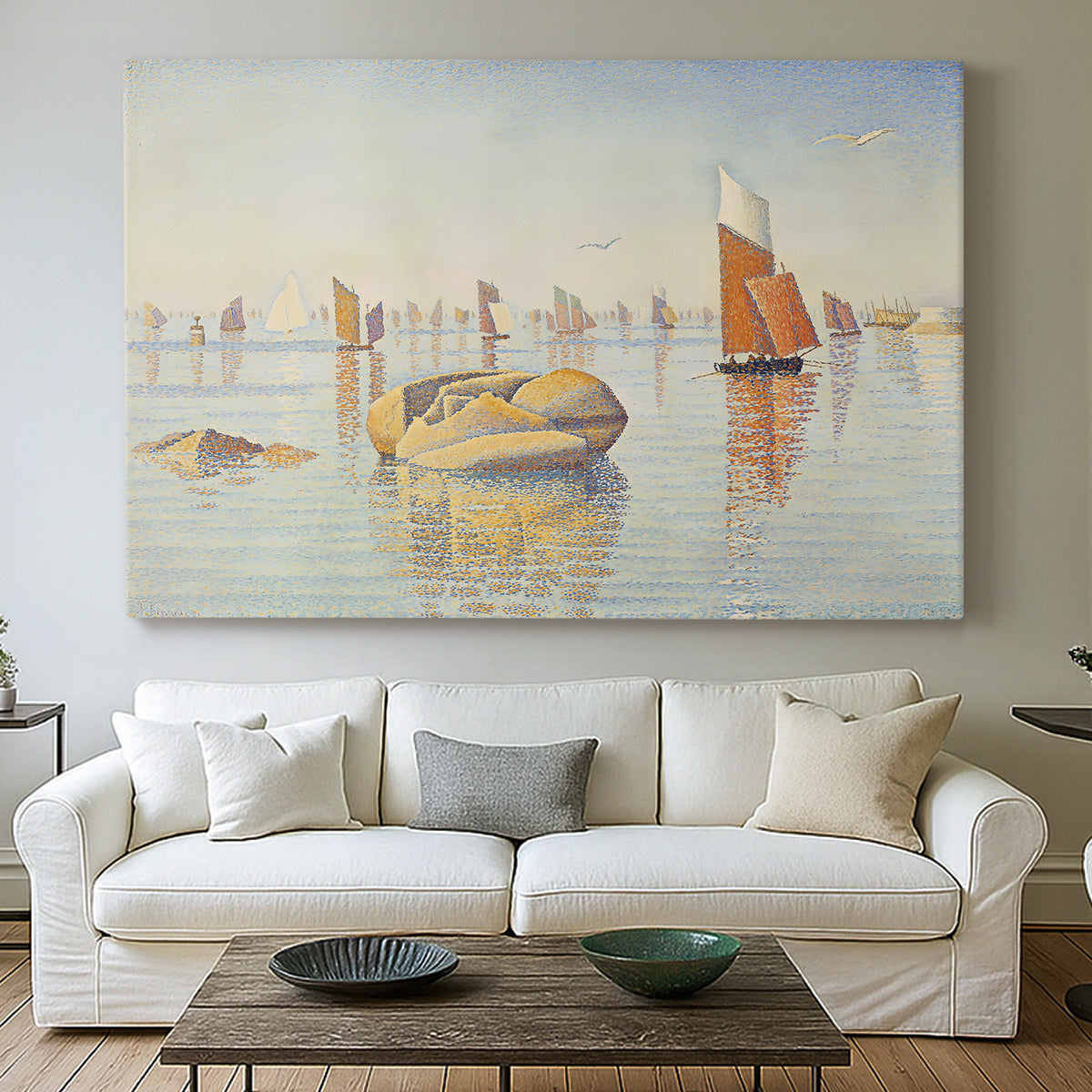 Canvas art print detailing a maritime still composition, centered above a sofa as a large focal wall piece
