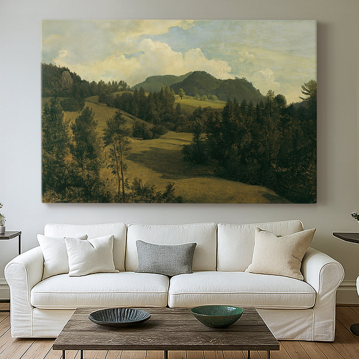 Canvas art print detailing a countryside with open space, centered above a sofa as a large focal wall piece