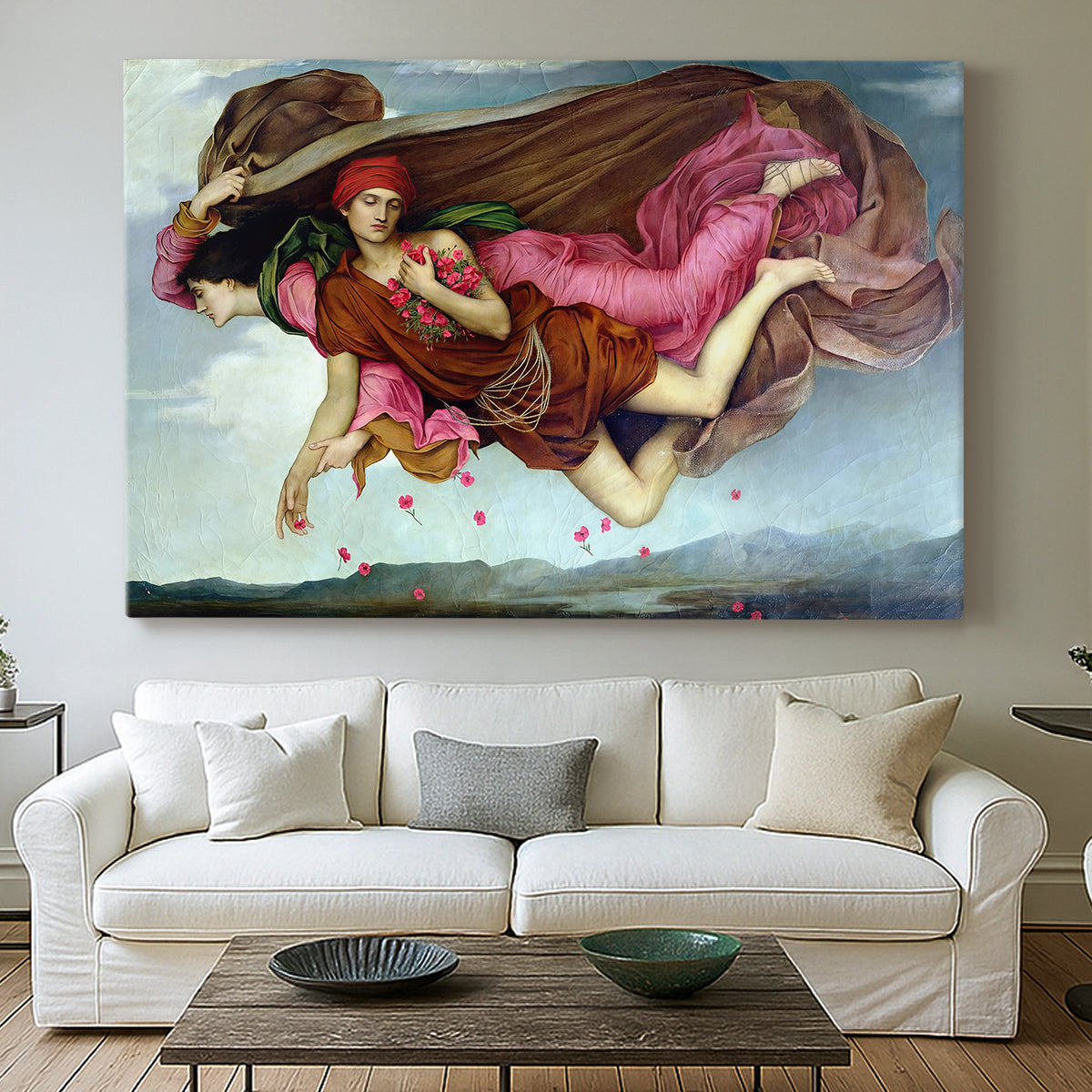 Canvas art print detailing an allegorical painting of intertwined figures in celestial setting, centered above a sofa as a large focal wall piece