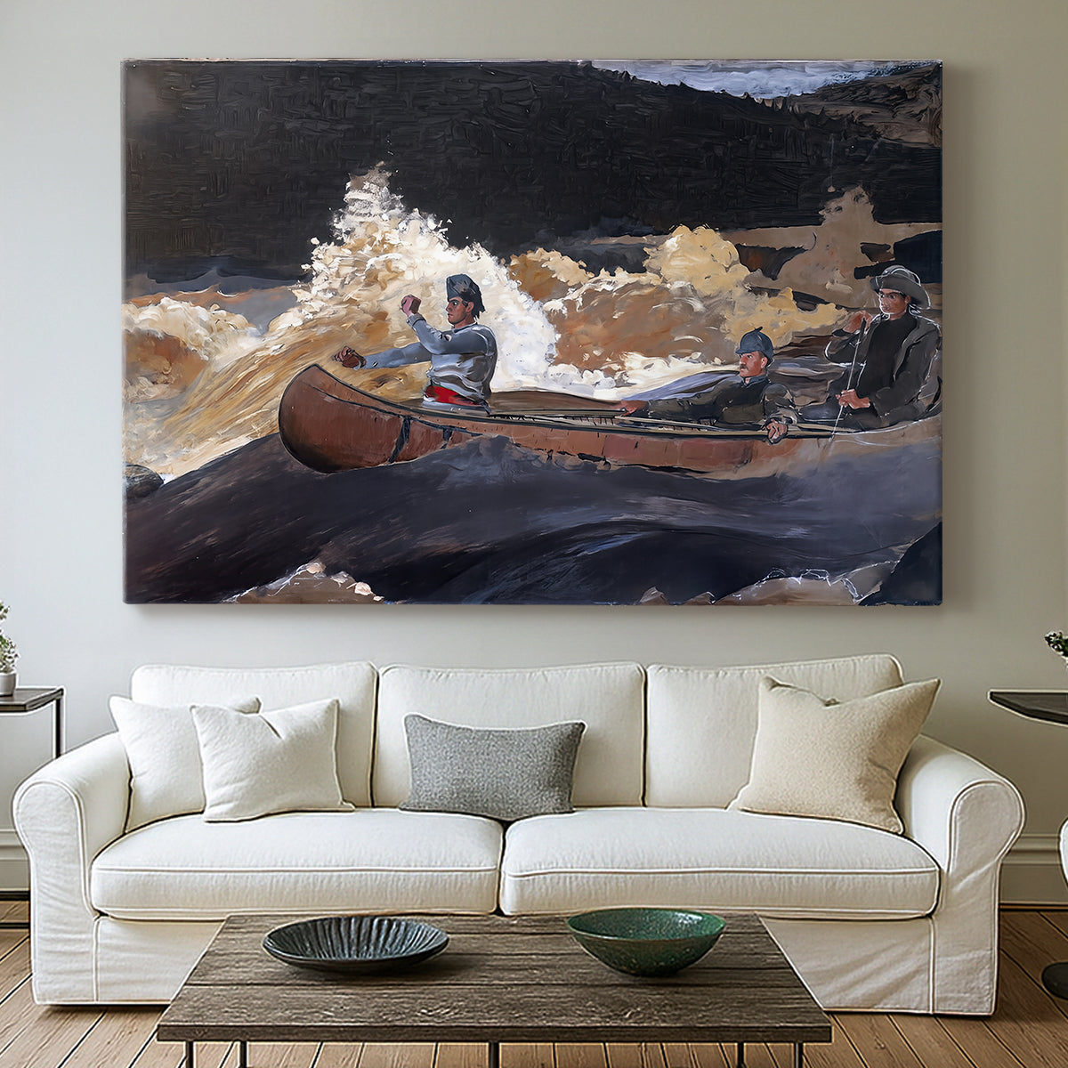 Canvas art print detailing a dynamic water scene with figures steering boat through rapids, centered above a sofa as a large focal wall piece