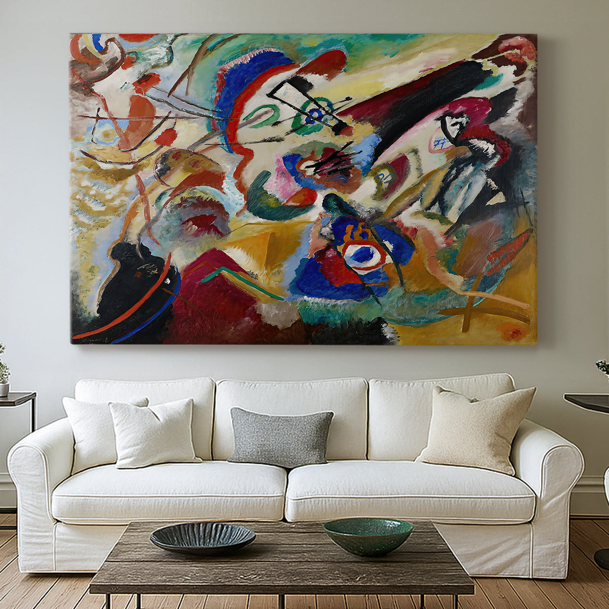 Canvas art print detailing an abstract study focusing on interplay of line and color, centered above a sofa as a large focal wall piece