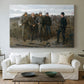 Canvas art print detailing an outdoor group scene centered on military interaction, centered above a sofa as a large focal wall piece