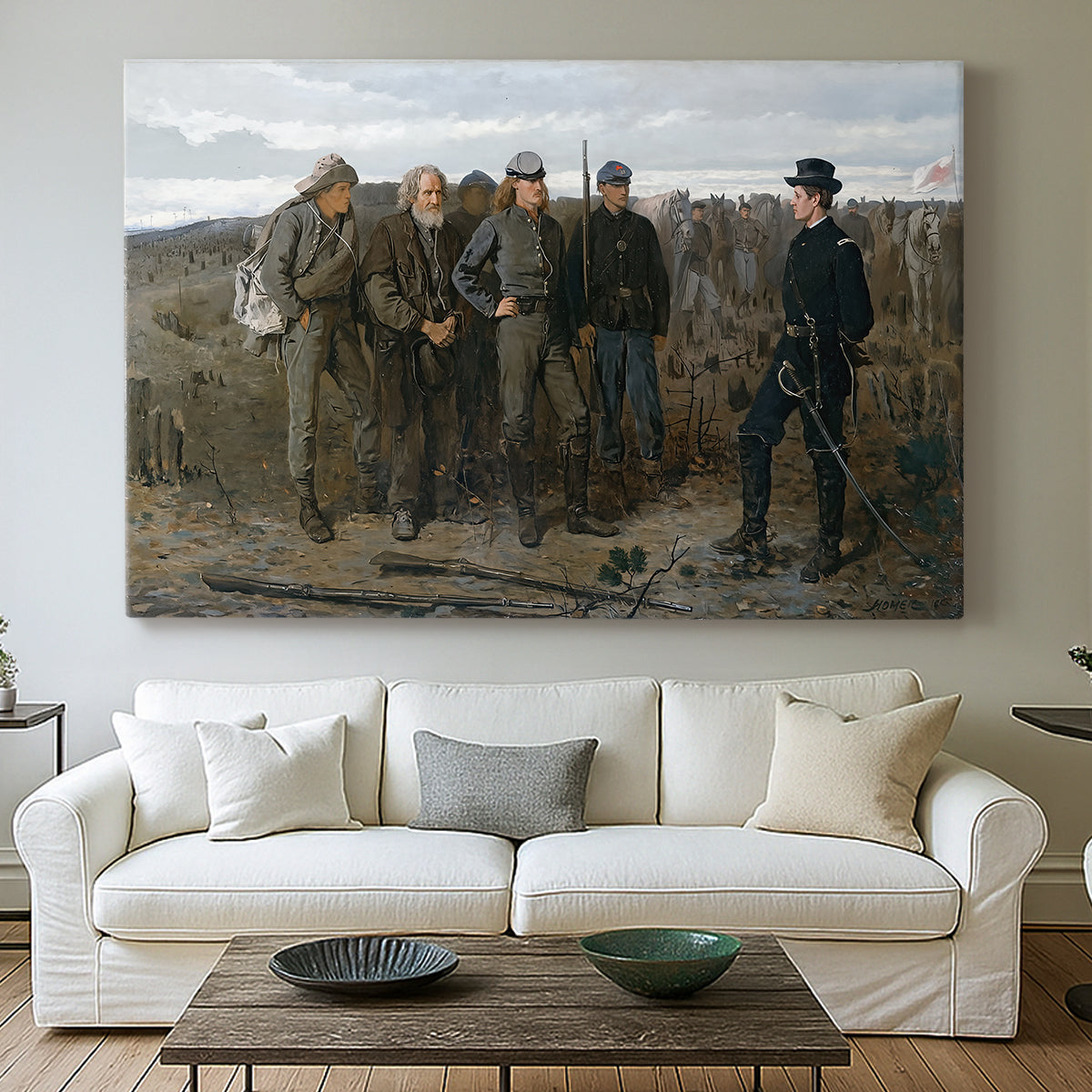 Canvas art print detailing an outdoor group scene centered on military interaction, centered above a sofa as a large focal wall piece