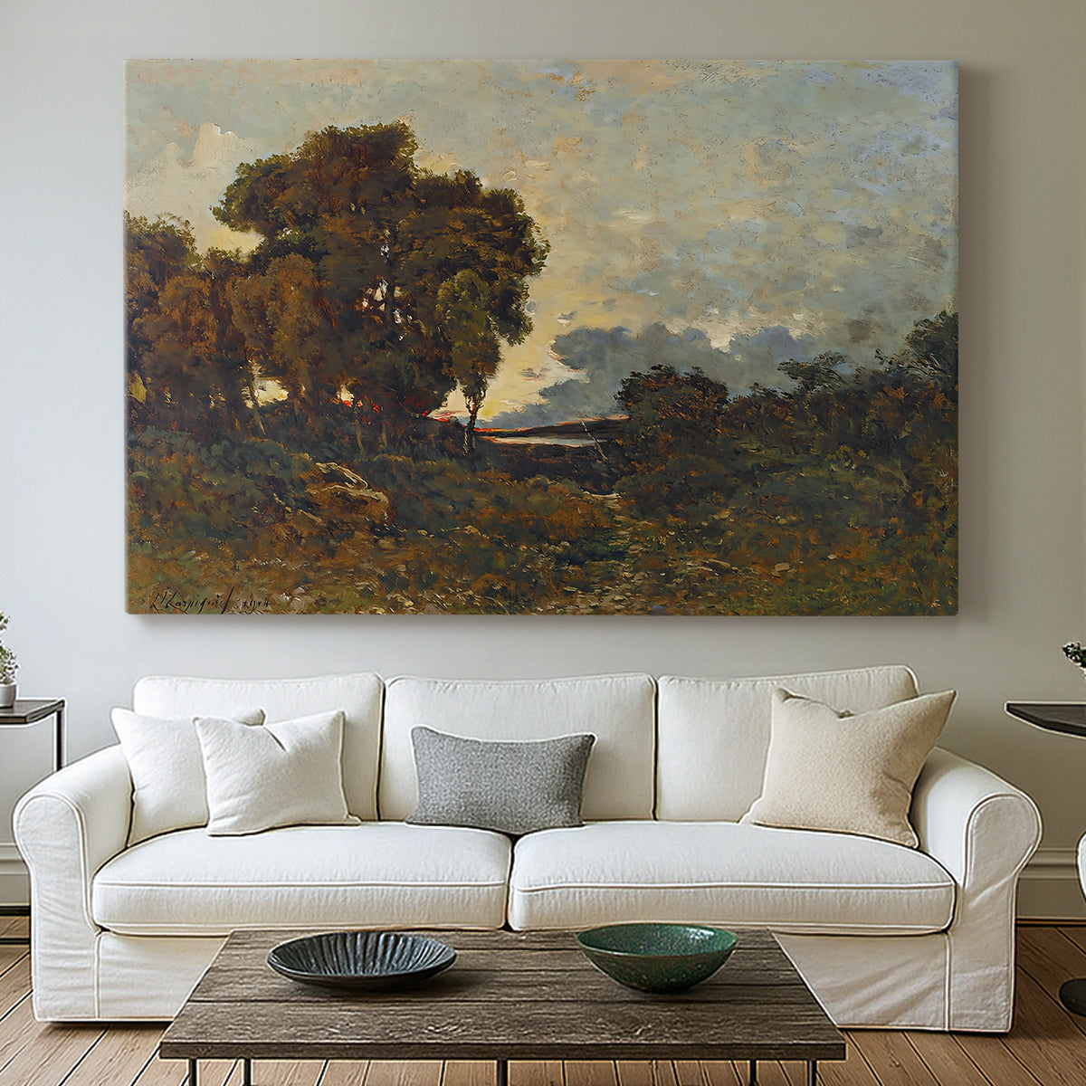 Canvas art print detailing an atmospheric landscape with soft light fading across horizon, centered above a sofa as a large focal wall piece